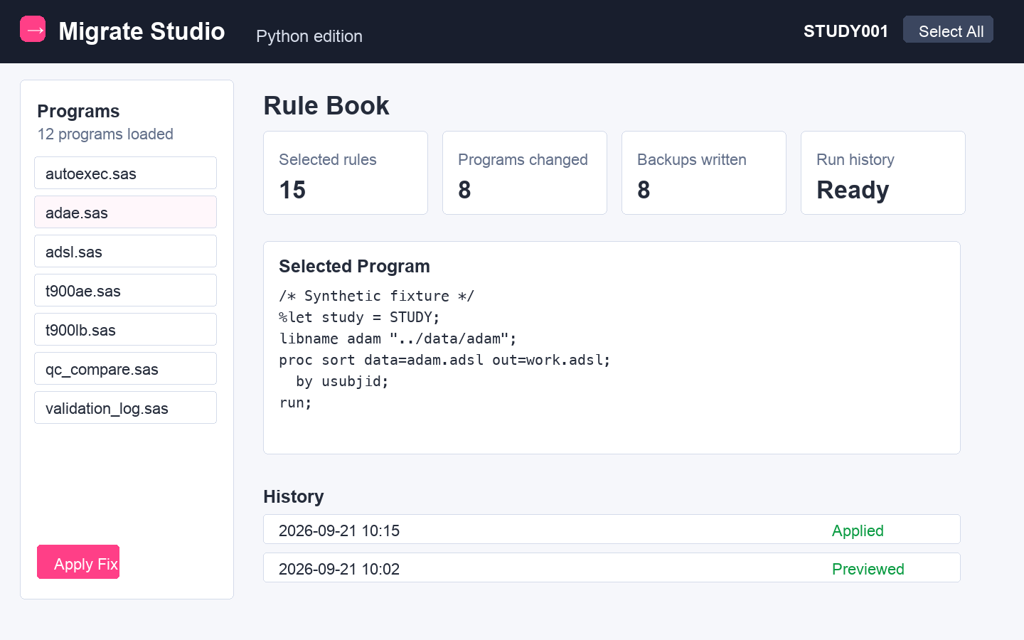 Representative Migrate Studio workspace showing the program navigator, rule grid, and context cards